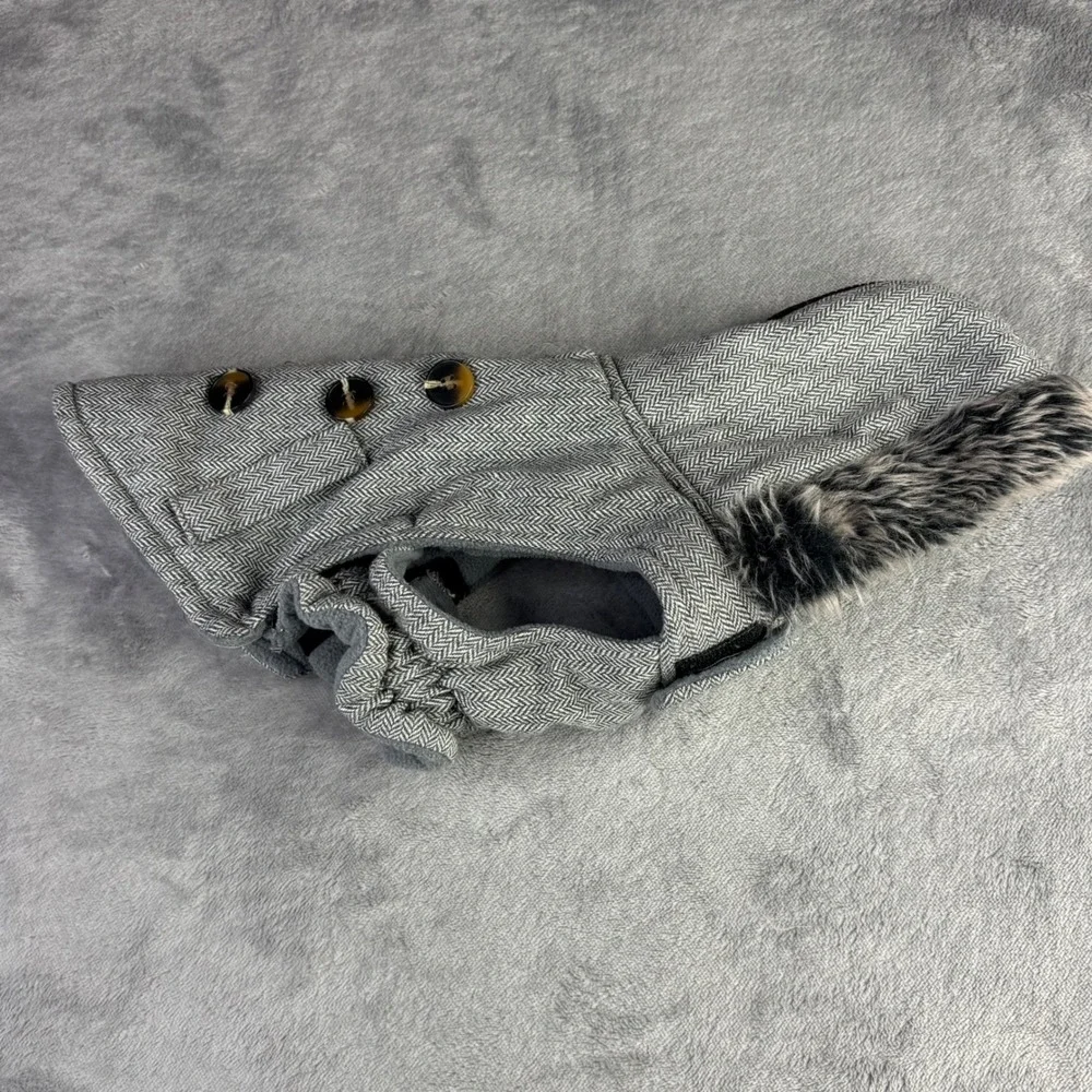 Herringbone Dog Coat Unisex‎ Small Grey Faux Fur Hooded Fleece Lined